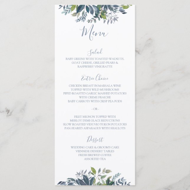 Menus de mariage à verdure peinte Bleu poussiéreux (Devant)