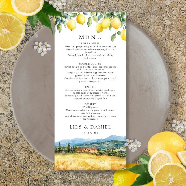 Menus de mariage aquarelle citrons Toscane Italie (Watercolor Lemons Tuscany Italy Wedding Menu)