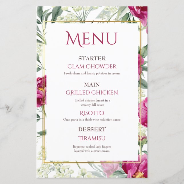 Menus de mariage aquarelle rose Romance intemporel (Devant)