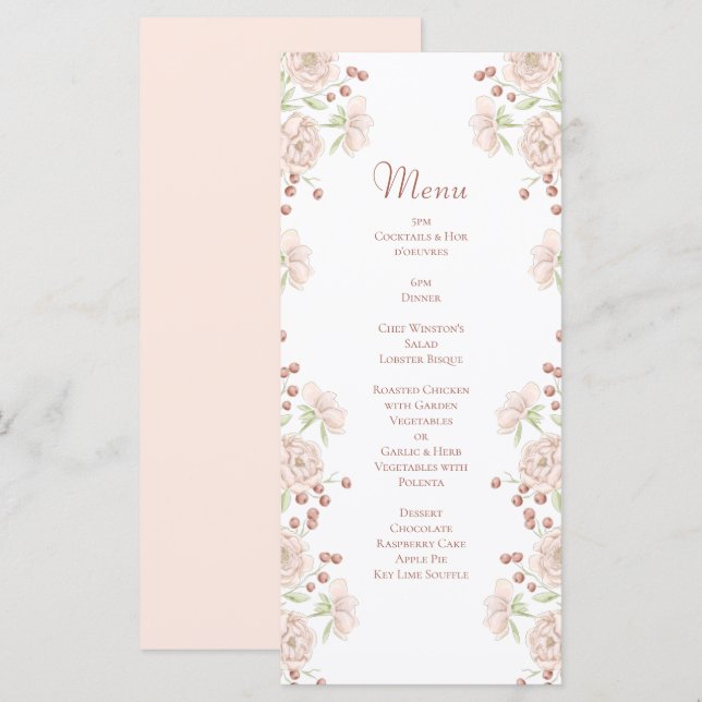 Menus de mariage aux roses roses blush (Devant / Derrière)
