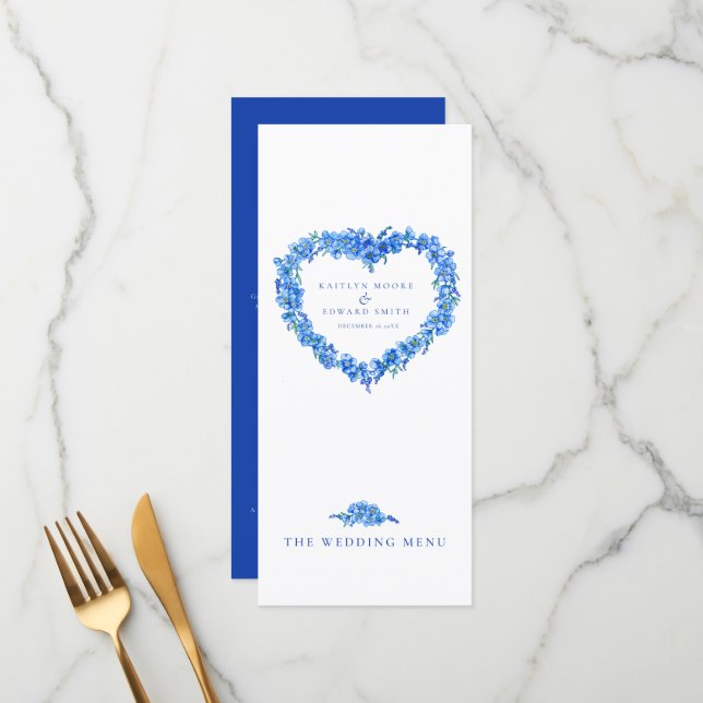 Menus de mariage bleu blanc cœur myosotis (Devant/Arrière en situation)