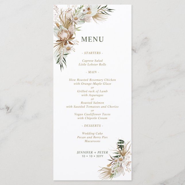 Menus de mariage bohème botanique vert et or (Devant)