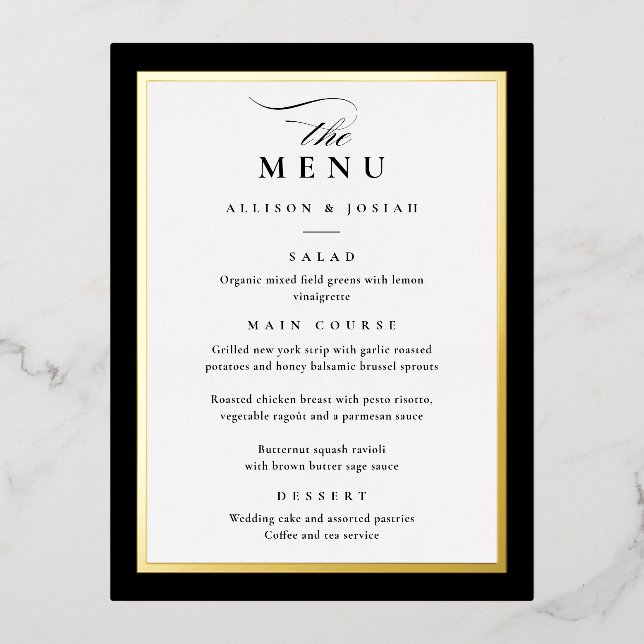 Menus de mariage élégants à feuille d'or noir (Recto)