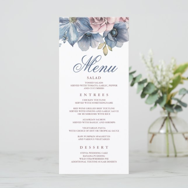 Menus de mariage modernes floraux bleu poussiéreux (Debout devant)