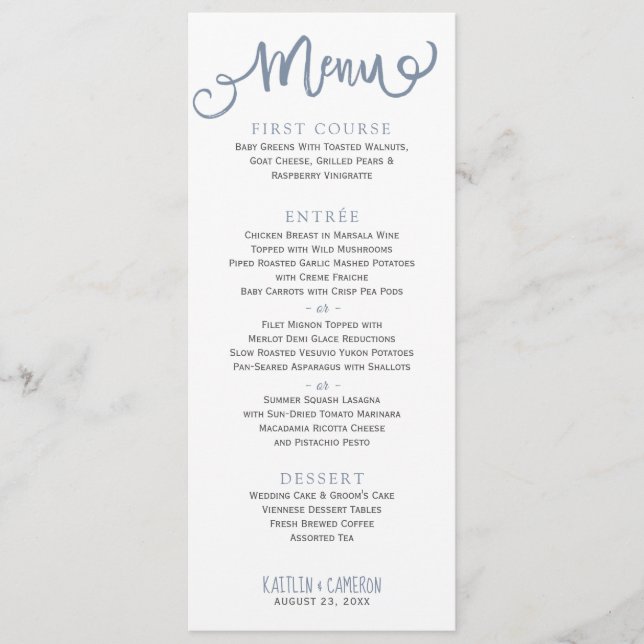 Menus de mariage modernes | Typographie (Bleu Pous (Devant)