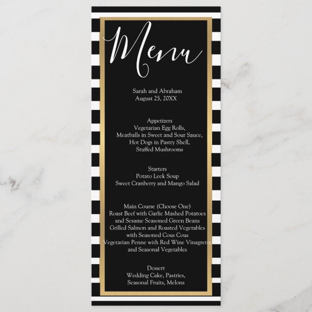 Menus de mariage rayés noir et blanc (Devant)