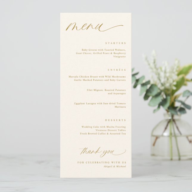 Menus de mariage romantiques crème et or (Debout devant)