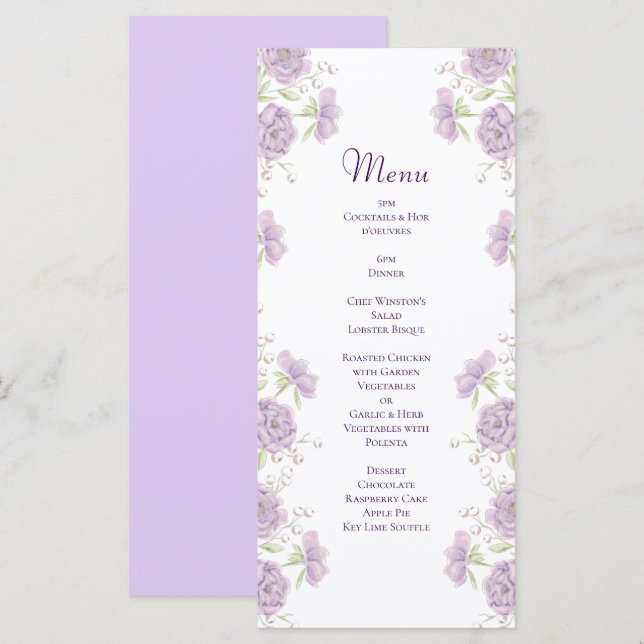Menus de mariage rose lavande pour hommes (Devant / Derrière)