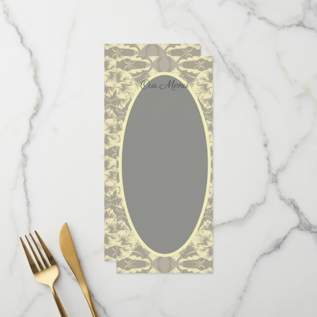 Menus de Mariages floraux ivoire et gris (Devant/Arrière en situation)