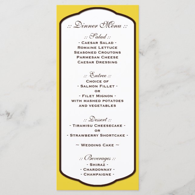 Menus de réception de mariage Brown et blanc jaune (Devant)
