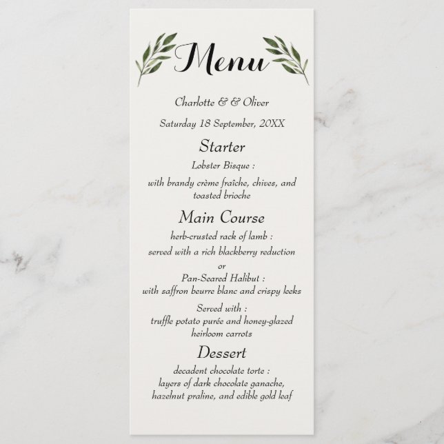 Menus de réception de mariage élégants botaniques  (Devant)