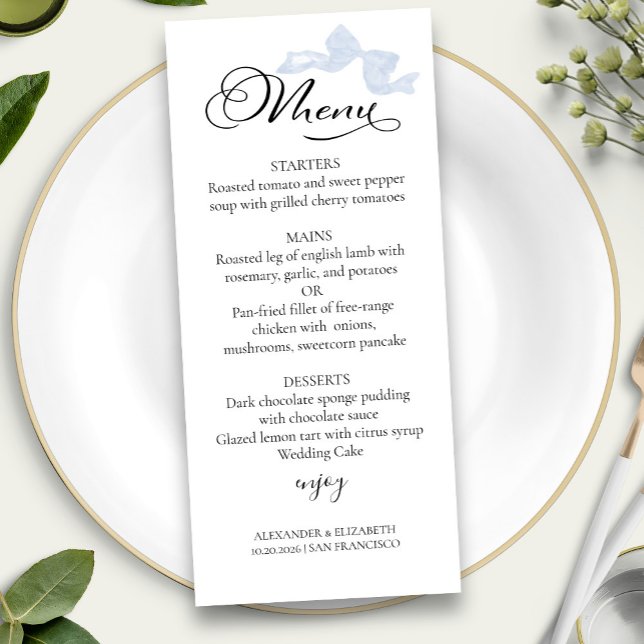 Menus Mariage aquarelle | Blue Bow Calligraphy (Créateur téléchargé)