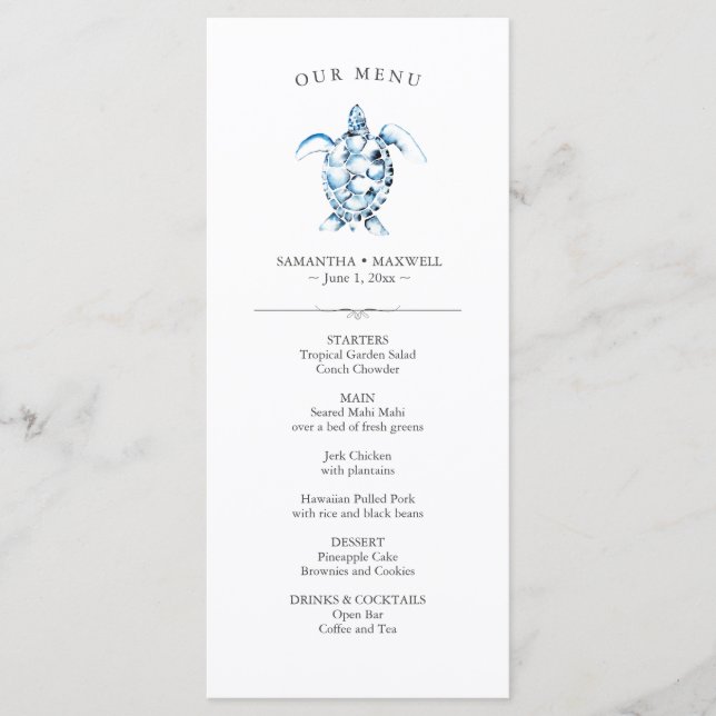 Menus mariage Aquarelle simple Tortue de mer (Devant)