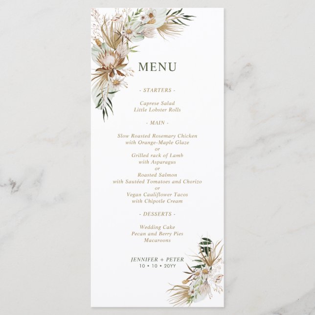 Menus Mariage Botanique Boho Vert & Or (Devant)