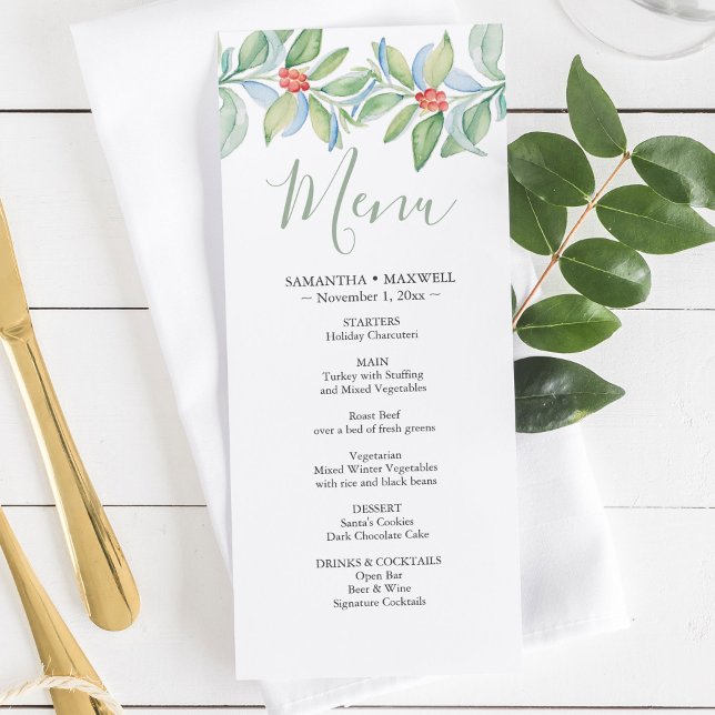 Menus Mariage de Noël aquarelle (Watercolor Christmas Wedding Menus)
