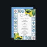 Menus mariage Italien Amalfi Tile Thème<br><div class="desc">Cet élégant menu de 5x7 mariage est composé de citrons d'aquarelle dans les tons jaunes avec un motif de carreaux Amalfi dans les tons bleu et rouille. Le mot "Menu" est défini dans le script de calligraphie. Utilisez les champs modèle pour ajouter vos éléments de menu personnalisés. Parfait pour les...</div>