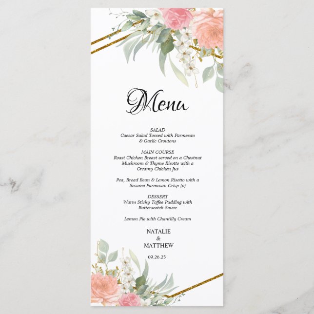 Menus Mariage Pastel rose et or (Devant)