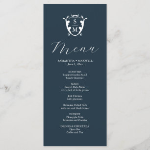 Menus mariage Simple Monogram Crest Blue