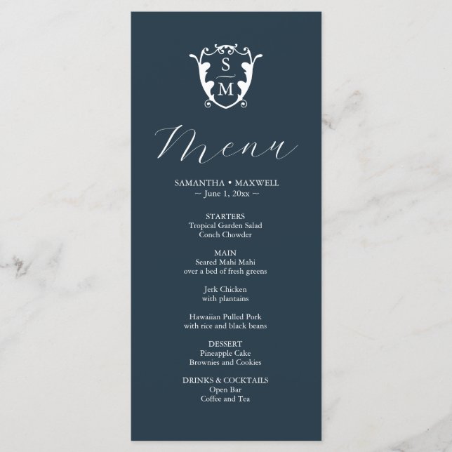Menus mariage Simple Monogram Crest Blue (Devant)