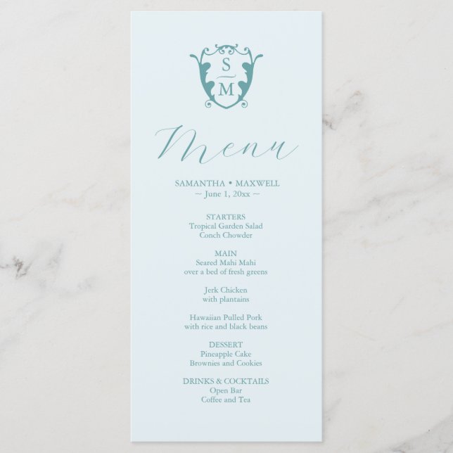 Menus mariage Simple Monogram Crest Blue (Devant)