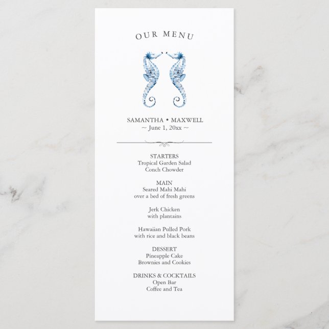 Menus mariages Aquarelle simple Hippocampe (Devant)