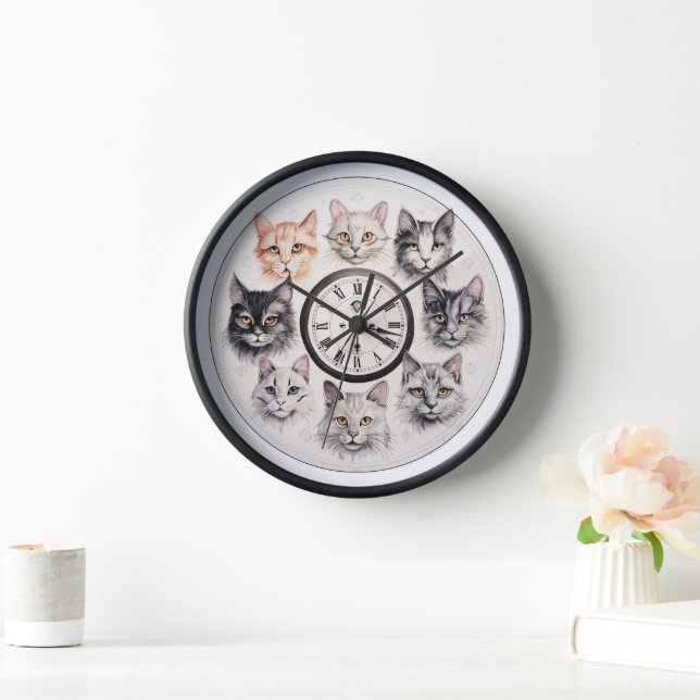 Meow Time Horloge murale : Adorable Chat Visages D (Maison)