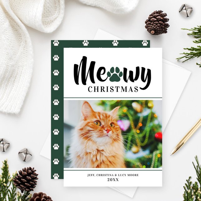 Meowny Noël Vert moderne Carte photo de chat (Créateur téléchargé)