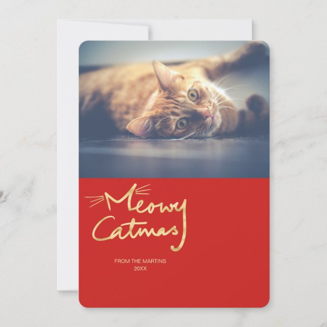 Meowy Catmas Gold Funny Chat Carte photo de Noël (Devant)