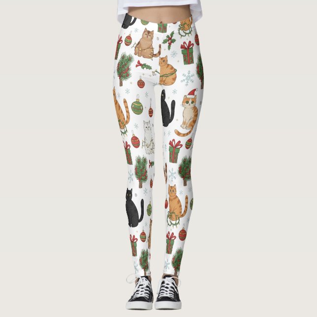 Meowy Christmas Cat Leggings - Gift For Cat Mom (Devant)