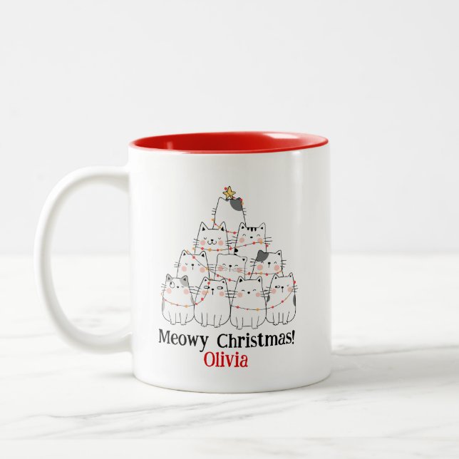 Meowy Christmas Cat Tree Mug - Nom personnalisé Fê (Gauche)
