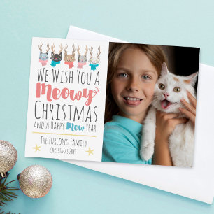 Meowy Christmas Cats + Antlers Carte photo de vaca