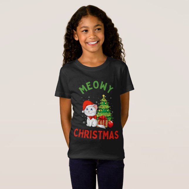 Meowy Christmas Fine Jersey Chat T-Shirt (Devant entier)