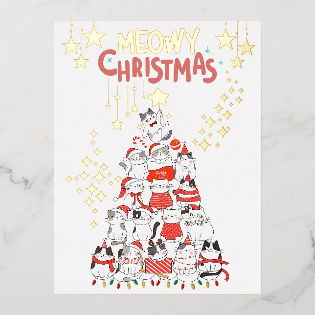Meowy Xmas Funny Chats Christmas Tree Foil Carte p (Recto)