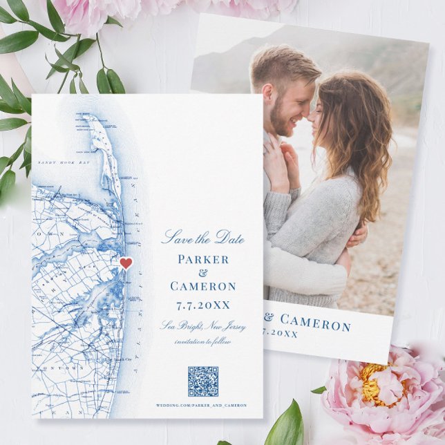 Mer brillant New Jersey Élégante carte QR vertical (These Sea Bright New Jersey save the dates are perfect for your Jersey Shore beach wedding)