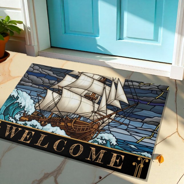 Mer orageuse, tapis de bateau, dramatique, nautiqu (Nautical Welcome Doormat with Ship at stormy sea)