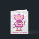 Merci à un robot Fille de robot rose moderne Anniv<br><div class="desc">Cartes de remerciement sur le thème des robots pour enfants avec un robot futuriste mignon qui agite un robot rose et orange avec des engrenages mécaniques gris en arrière-plan. Le texte "Merci à un 'bot" peut être personnalisé.</div>