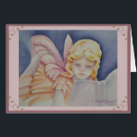 MERCI ANGÉLIQUE<br><div class="desc">Joli ange lisant ce que tu crois qu'elle lit. Ses boucles blondes et ses ailes roses sont calmes et innocentes. - Une belle Carte de remerciements pour les amis et la famille avec des couleurs de rose, jaune, oranges, font partie du mélange des couleurs de ce beau tableau en aquarelles...</div>
