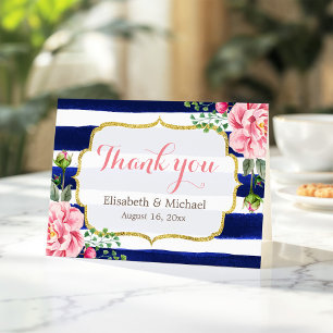 Merci Aquarelle Floral Rayures Bleu Marine