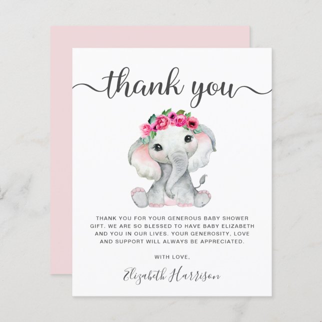 Merci Baby shower rose éléphant (Devant / Derrière)