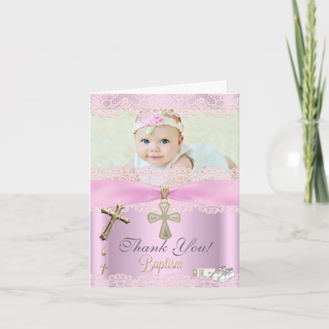 Merci Baptême Croix Rose Fille Dentelle (Devant)