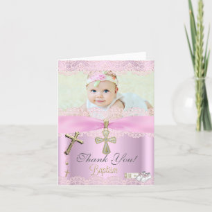 Merci Baptême Croix Rose Fille Dentelle