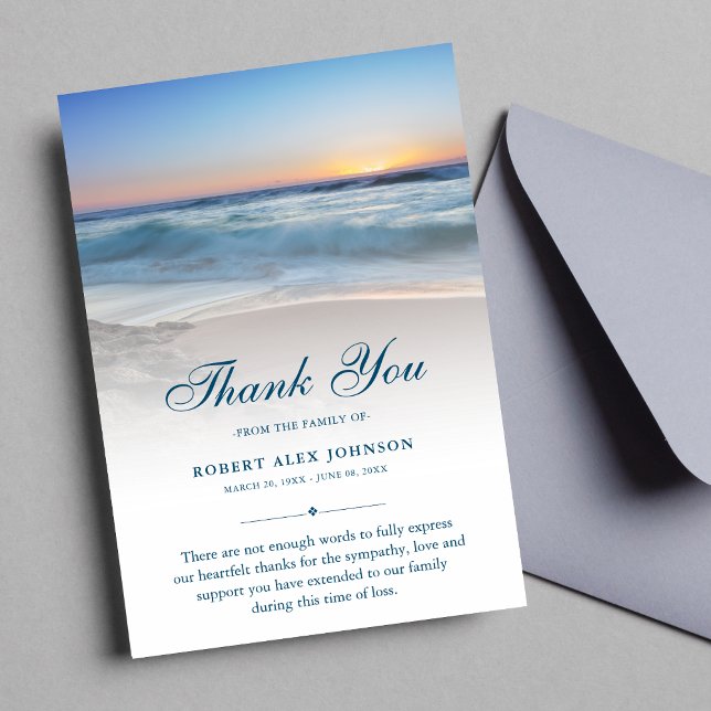 Merci Beach Funérailles Photo Sympathie Grief Bleu (Blue Beach Sympathy Thank You Card )