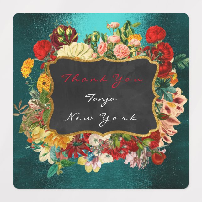 Merci Cadeau Étiquette Or Turquoise Vert Roses Flo (Design 1)