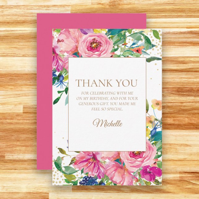 Merci d'anniversaire rose jaune (Pink and blue watercolor floral birthday party thank you card)