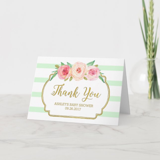 Merci de Baby shower à rayures de menthe rose (Devant)