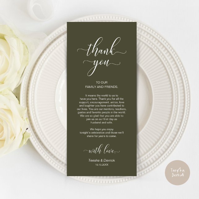 Merci De Cadre, Elégante Carte Verte Olive (Wedding Dinner Place Setting Thank You Card, Modern Classy Design, Olive Green)