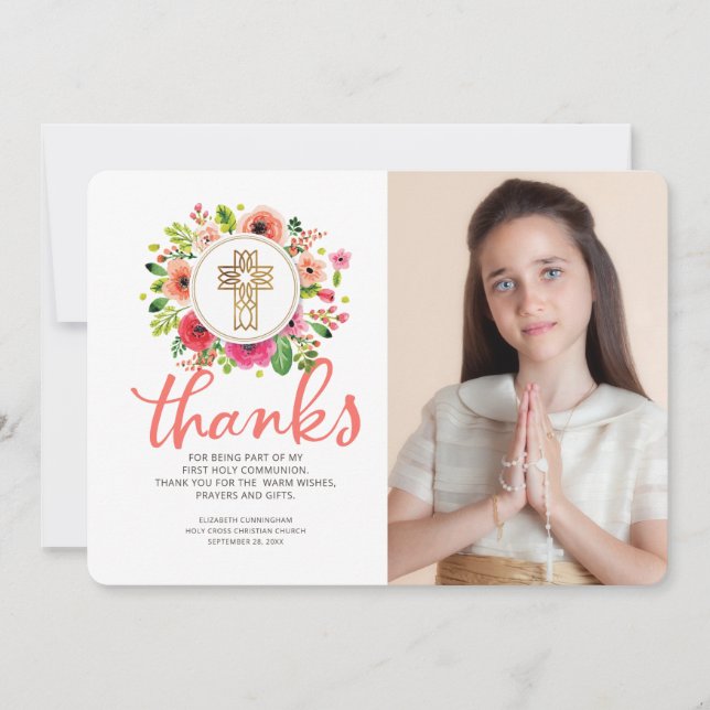 Merci de communion photo de la croix florale Water (Devant)