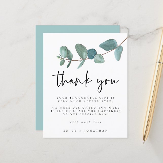 Merci de Mariage Eucalyptus Turquoise Budget (Devant/Arrière en situation)