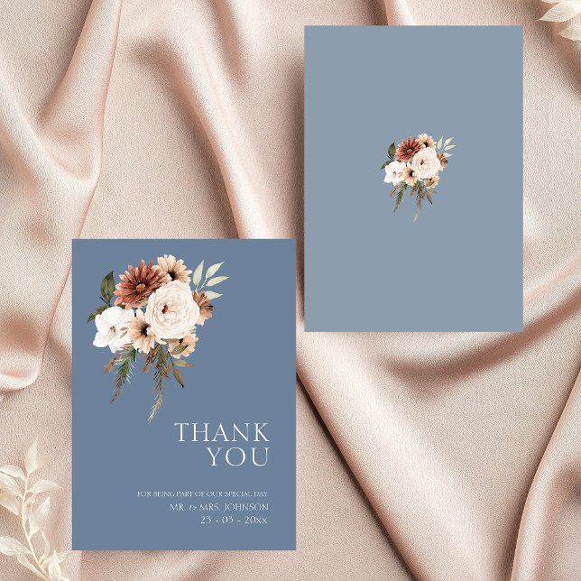 Merci de Mariage floral rustique bleu foncé (Elegant Dusty Blue Peach Floral Wedding Thank You)