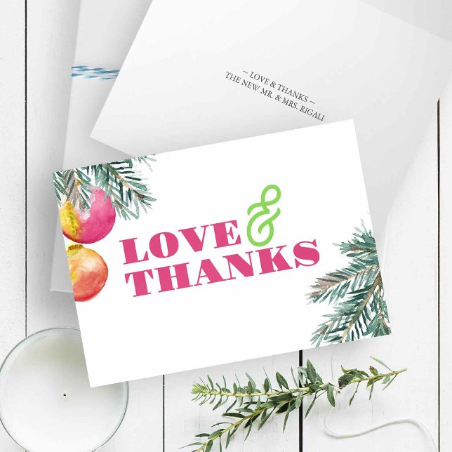 Merci de Noël Watercolor moderne (Folded Christmas thank you cards with watercolor pine boughs and pink baubles for pinkmas)